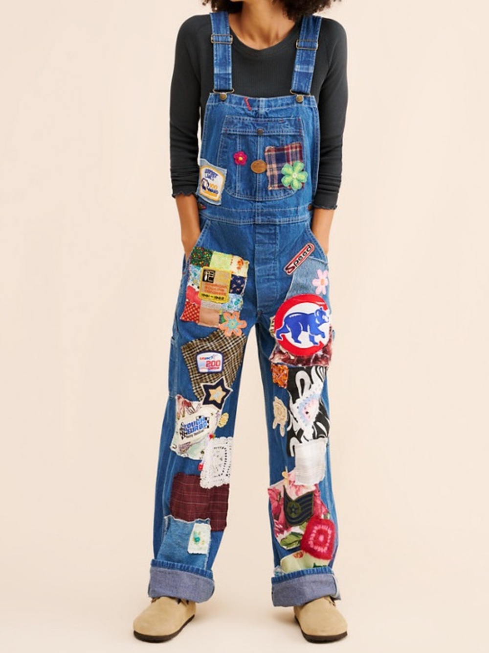 Riley Vintage Eclectic Patchwork Straight Leg Denim Jumpsuit Denim Overalls 1X - Picture 2 of 15